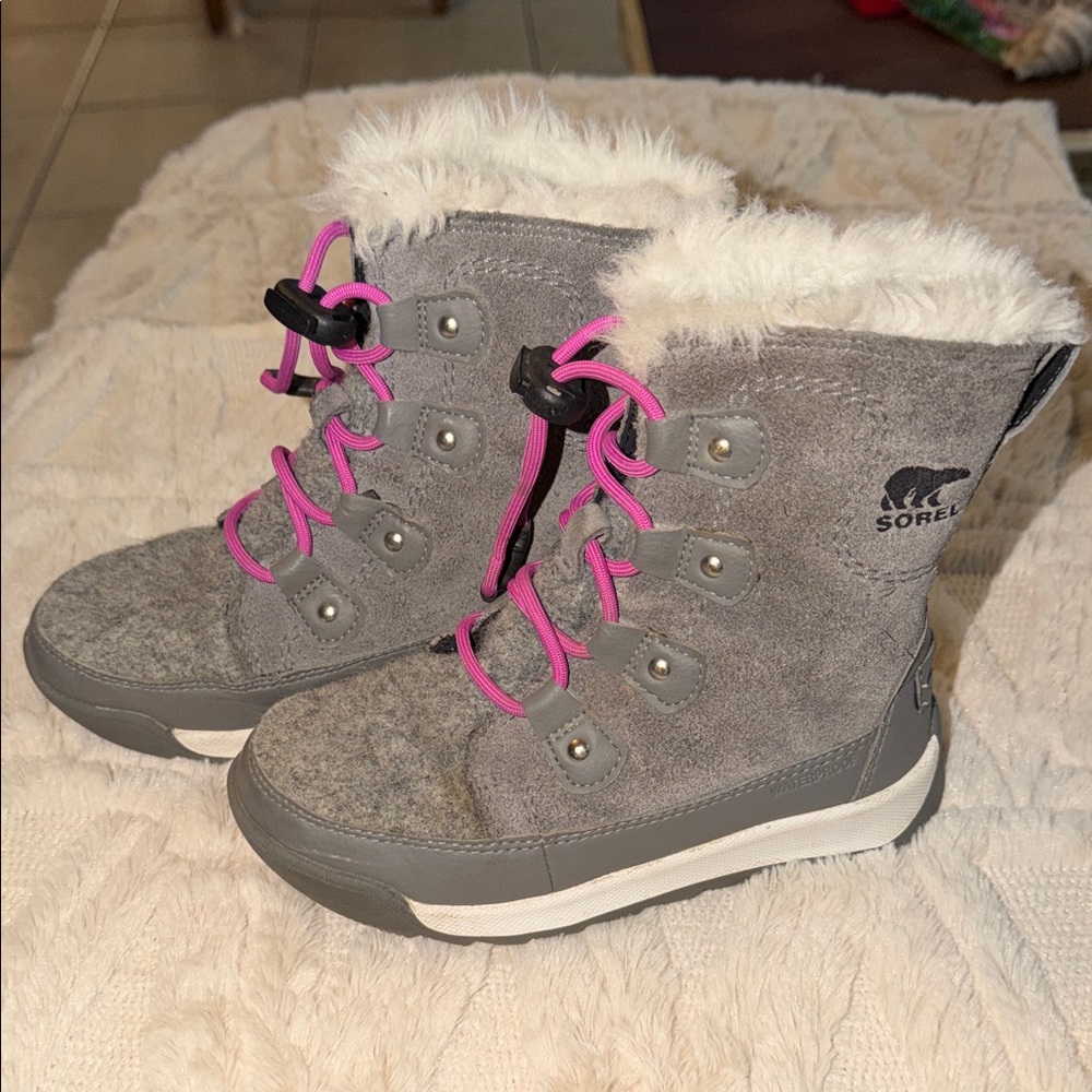 Sorel Kids' Whitney II Waterproof Gray and Pink Fur-Lined Boots